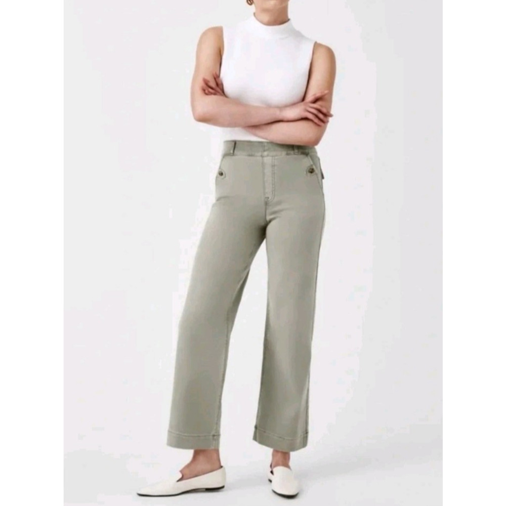 Spanx Green Twill Crop Wide Leg Pull On Pants Size XL Stretch Comfort Pockets